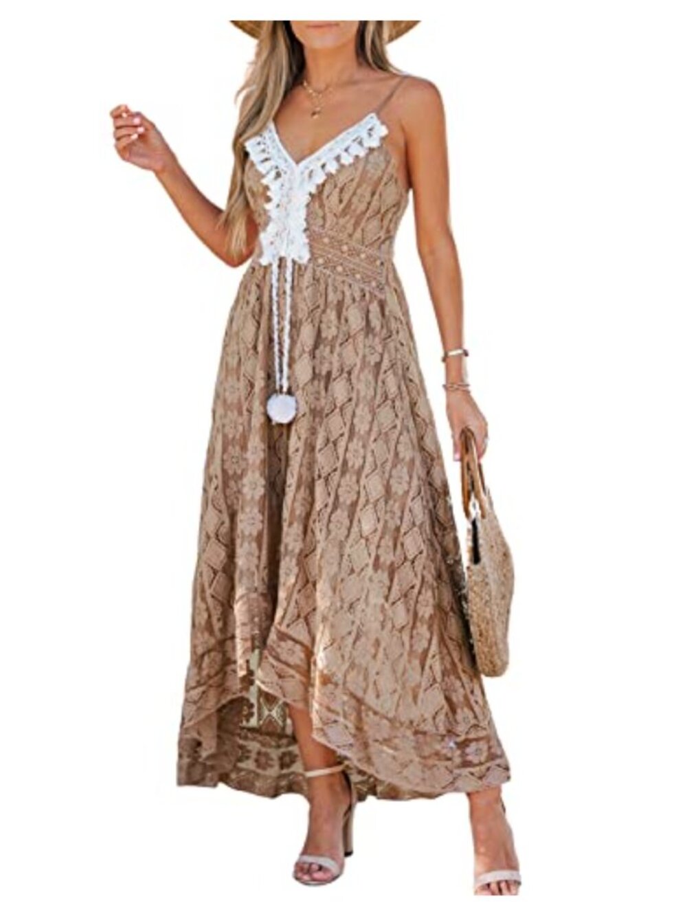 CUPSHE Women's Boho Maxi Dress Lace Up Tassel V-Neck Sleeveless Flowy Beach